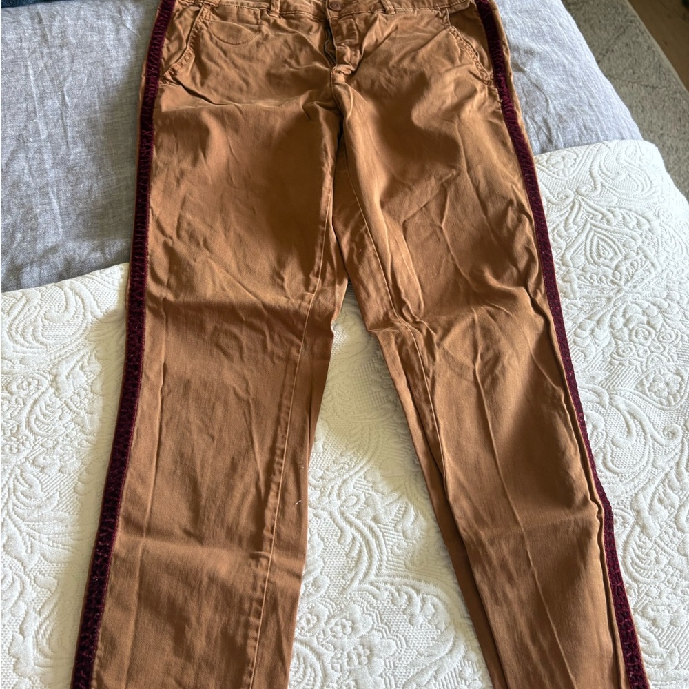 Anthropologie Chino Stylish Tan Jeans with Burgundy Accents